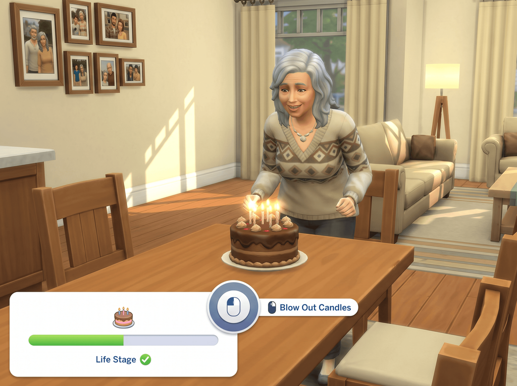 Illustration of an elderly Sim leaning over a birthday cake with lit candles, beside a life stage bar and a Blow Out Candles prompt