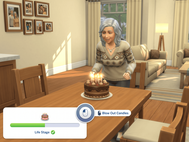 An elderly Sim leaning over a birthday cake with lit candles, beside a life stage bar and a Blow Out Candles prompt