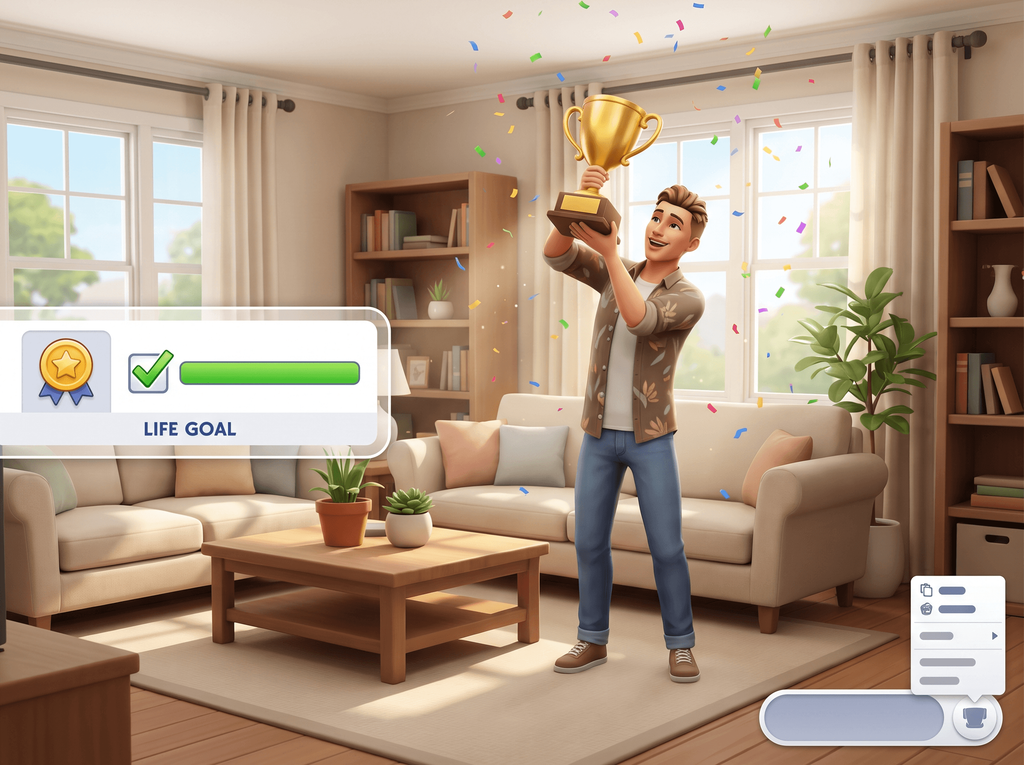 Illustration of a Sim holding a gold trophy overhead in falling confetti beside a completed Life Goal panel