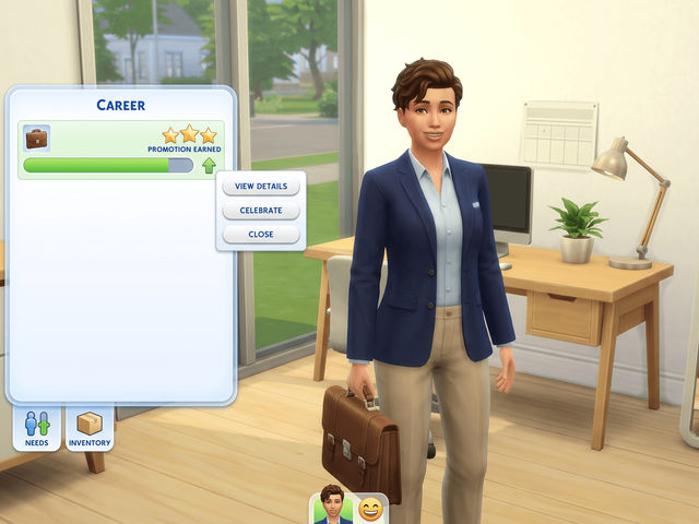 A Sim in office clothes holding a briefcase beside a career panel reading Promotion Earned with three stars