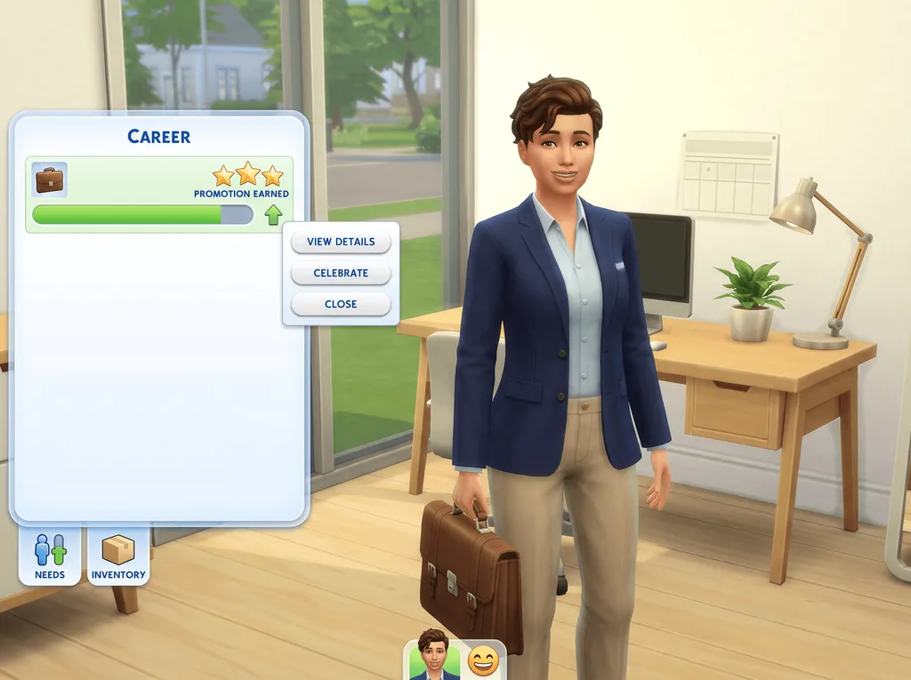 Illustration of a Sim in office clothes holding a briefcase beside a career panel reading Promotion Earned with three stars