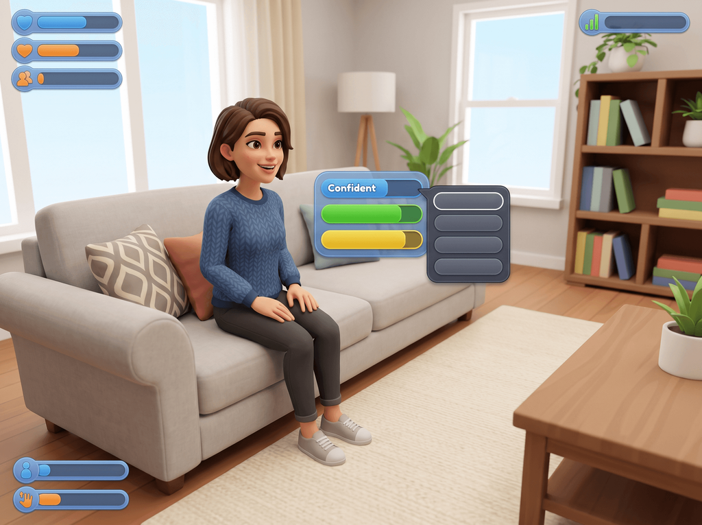A cheerful Sim on a sofa beside a mood panel with a row labelled Confident above two coloured bars