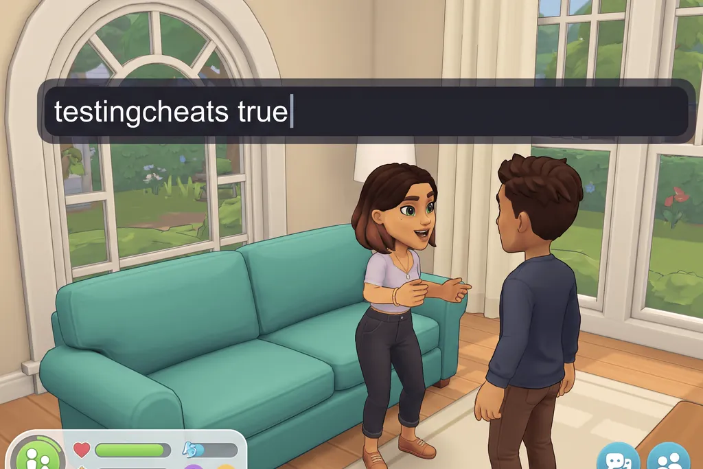 Illustration of two Sims in a living room with the cheat console bar open across the top of the screen reading testingcheats true