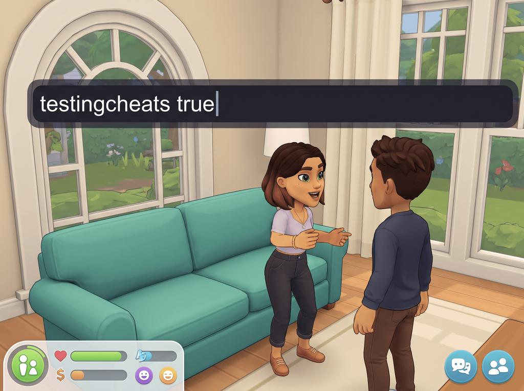 Illustration of two Sims in a living room with the cheat console bar open across the top of the screen reading testingcheats true