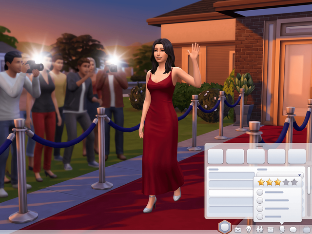 A Sim in evening dress waving on a red carpet under camera flashes, beside a five-star fame meter