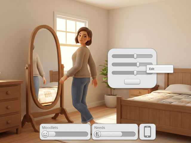 A Sim turning in front of a bedroom mirror beside a character-creation panel with sliders and an Edit menu row