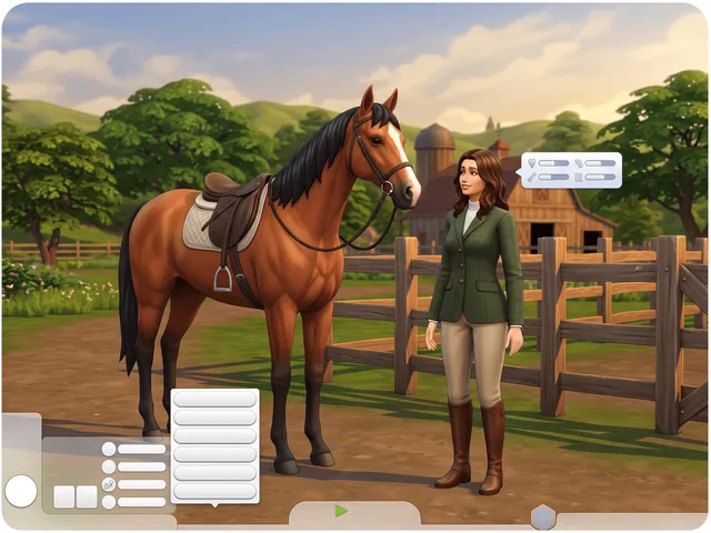 A Sim in riding clothes beside a chestnut horse at a ranch fence, with a panel of four skill bars