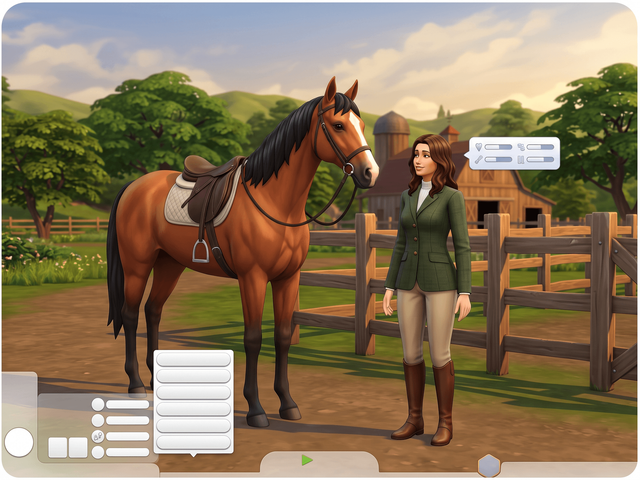A Sim in riding clothes beside a chestnut horse at a ranch fence, with a panel of four skill bars