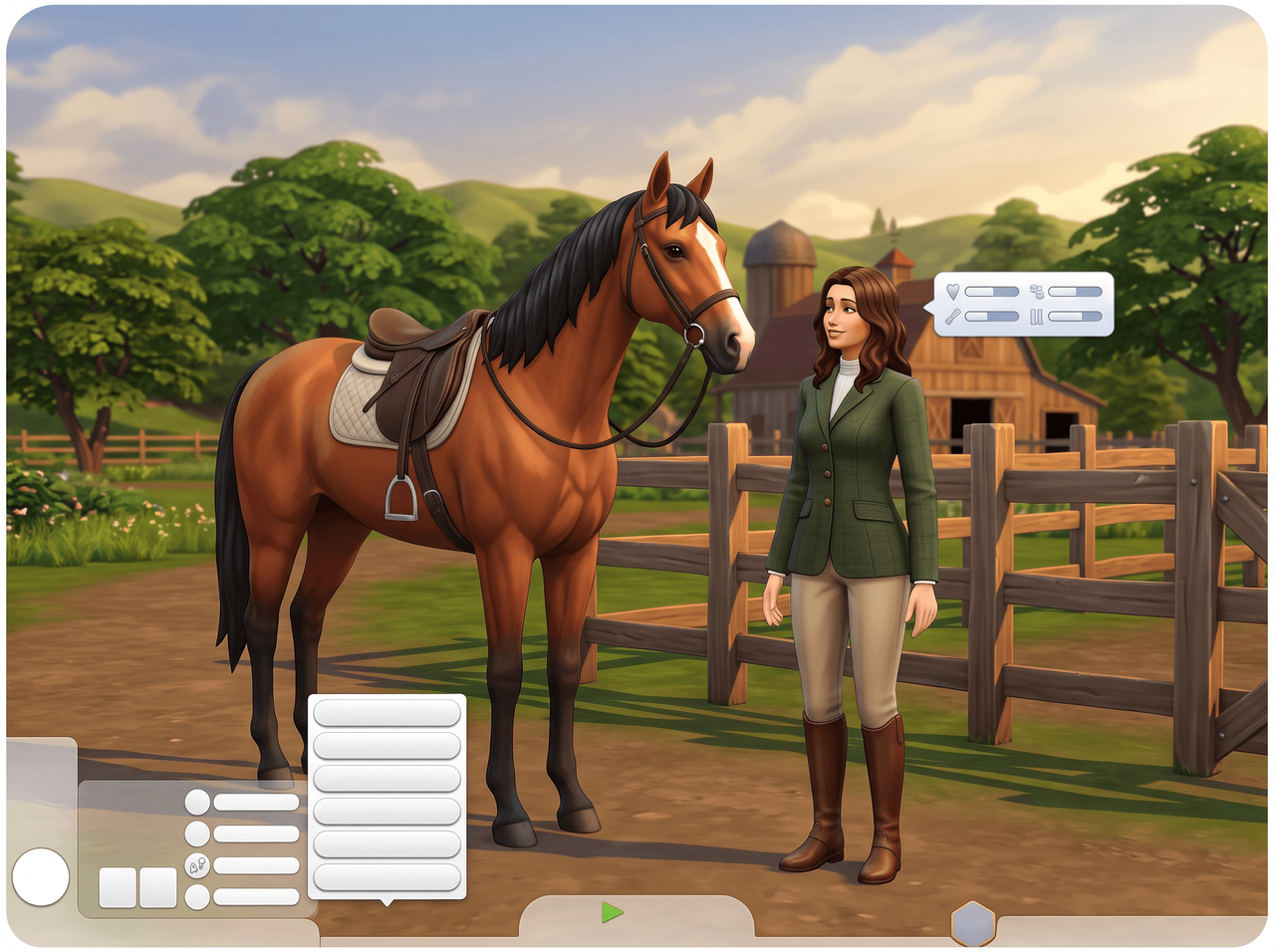 A Sim in riding clothes beside a chestnut horse at a ranch fence, with a panel of four skill bars