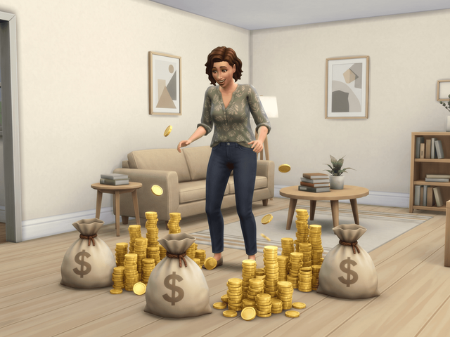 A delighted Sim in a living room surrounded by stacks of gold coins and money bags