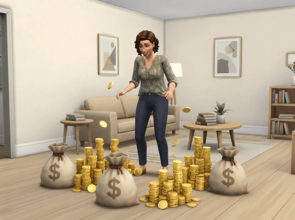 Illustration of a delighted Sim in a living room surrounded by stacks of gold coins and money bags