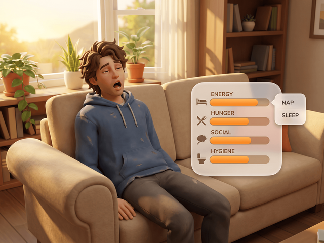 A tired Sim yawning on a sofa beside a needs panel with energy, hunger, social and hygiene bars half empty