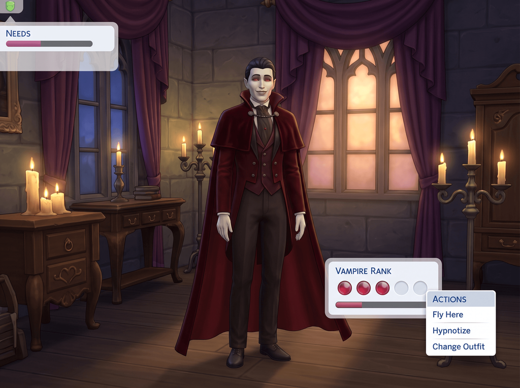 Illustration of a pale vampire Sim in a candlelit gothic room beside a Vampire Rank panel with three of five pips filled