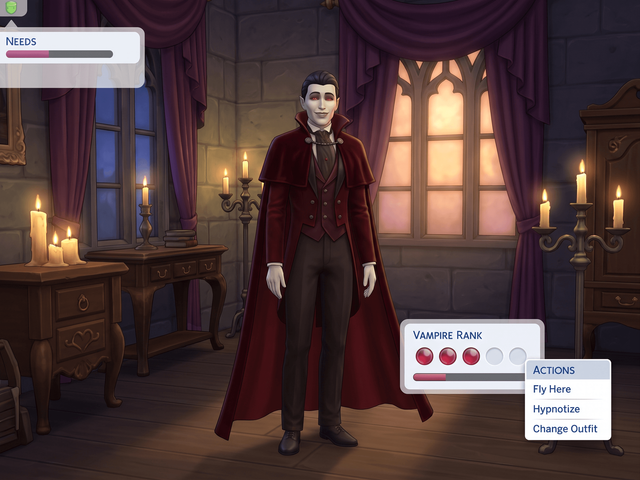A pale vampire Sim in a candlelit gothic room beside a Vampire Rank panel with three of five pips filled