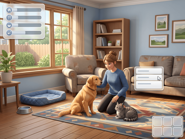 A Sim kneeling on a rug with a golden dog and a grey cat, beside a small panel of three pet need bars