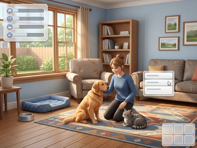 A Sim kneeling on a rug with a golden dog and a grey cat, beside a small panel of three pet need bars