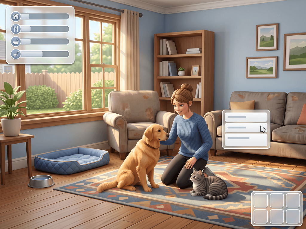 A Sim kneeling on a rug with a golden dog and a grey cat, beside a small panel of three pet need bars