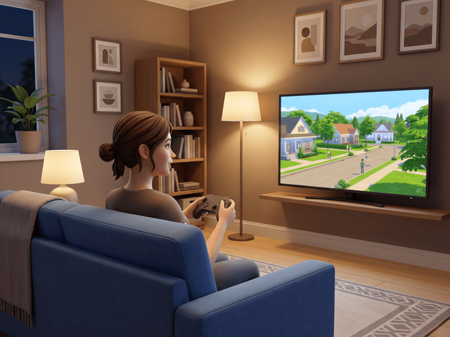 A player on a sofa with a controller, facing a television showing a sunny suburban life-simulation street