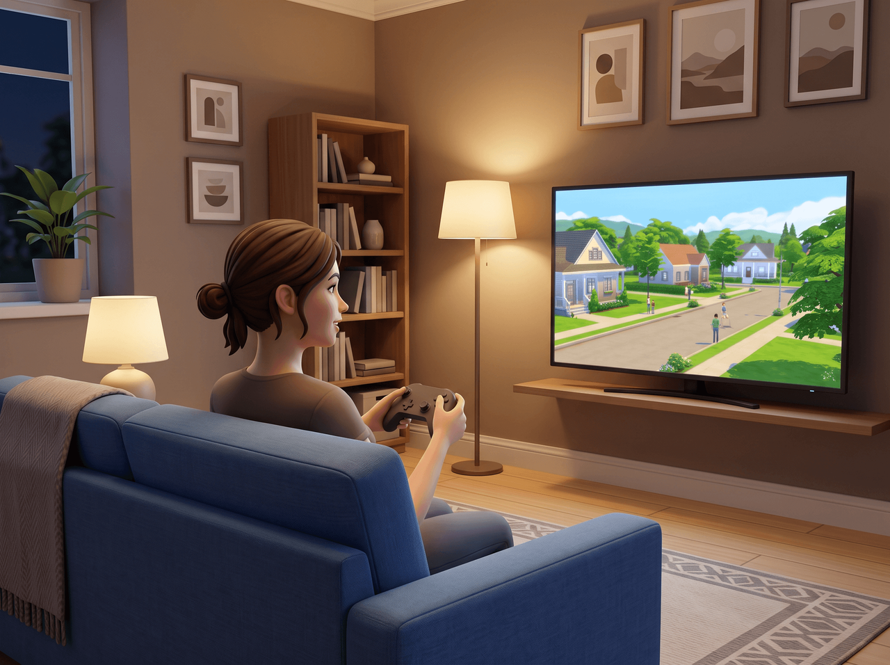 A player on a sofa with a controller, facing a television showing a sunny suburban life-simulation street