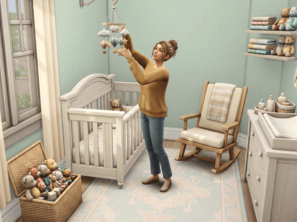 Illustration of a Sim hanging a mobile above a white crib in a pastel nursery with a rocking chair and a basket of toys