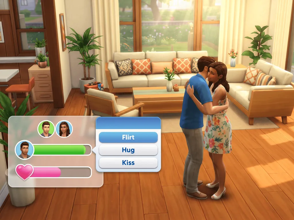 Illustration of two Sims hugging beside a relationship panel with friendship and romance bars and a menu offering Flirt, Hug and Kiss