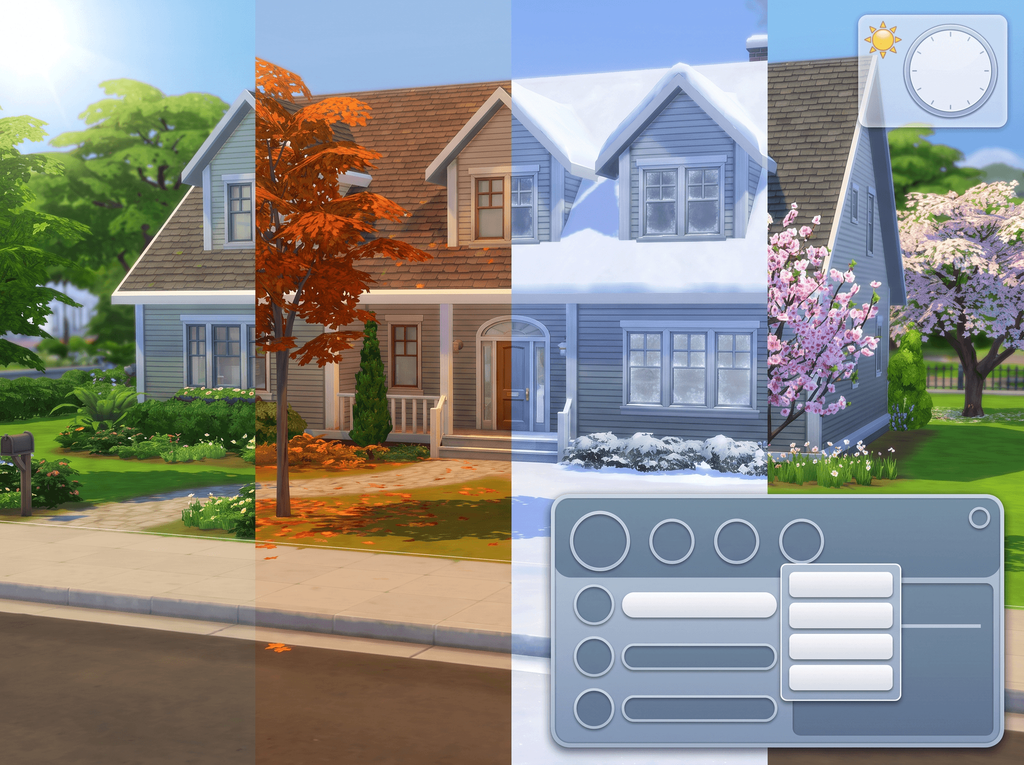 One suburban house shown in four vertical slices: summer, autumn, deep snow and spring blossom