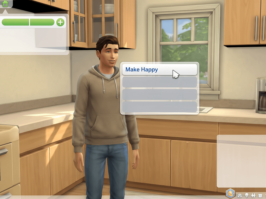 A Sim in a kitchen with a four-row context menu open beside them, the top row reading Make Happy