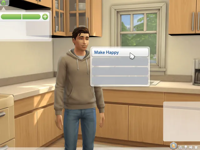 A Sim in a kitchen with a four-row context menu open beside them, the top row reading Make Happy