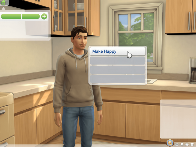 A Sim in a kitchen with a four-row context menu open beside them, the top row reading Make Happy