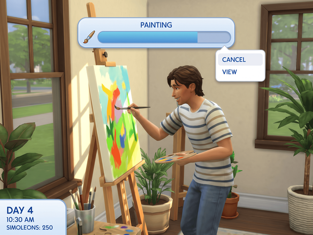 A Sim painting at an easel with a painting skill progress bar above them