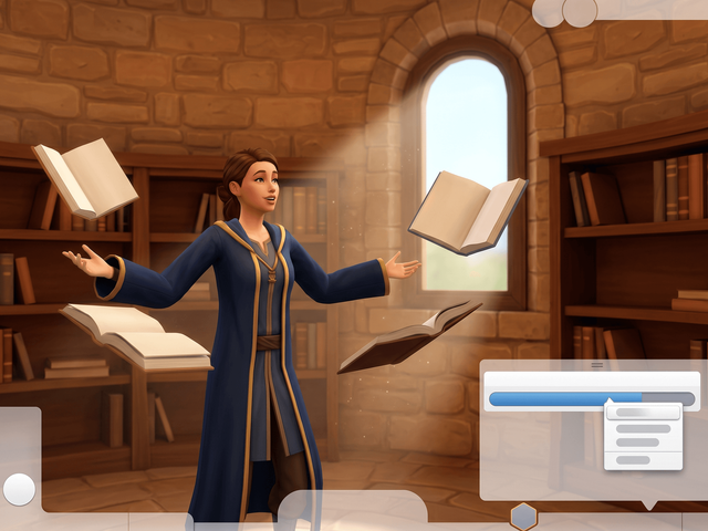 A robed Sim in a stone library tower with open books circling them beside a three-quarter-full progress bar