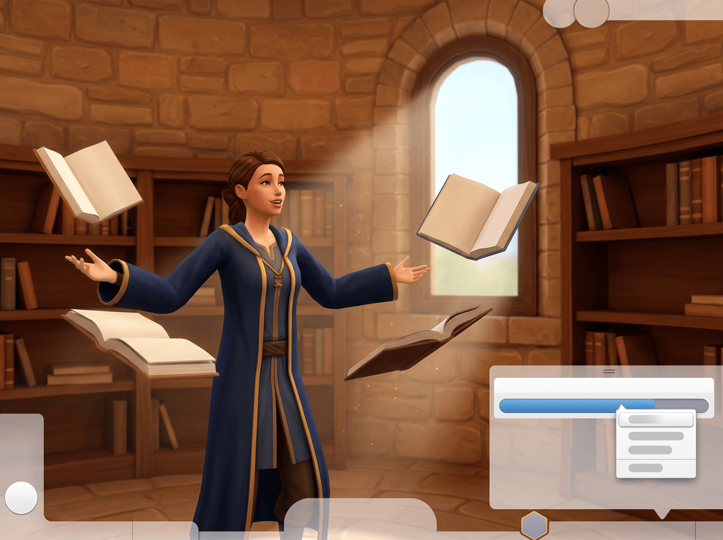 A robed Sim in a stone library tower with open books circling them beside a three-quarter-full progress bar