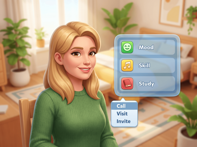 A smiling Sim beside a panel of three trait rows with mood, skill and study icons