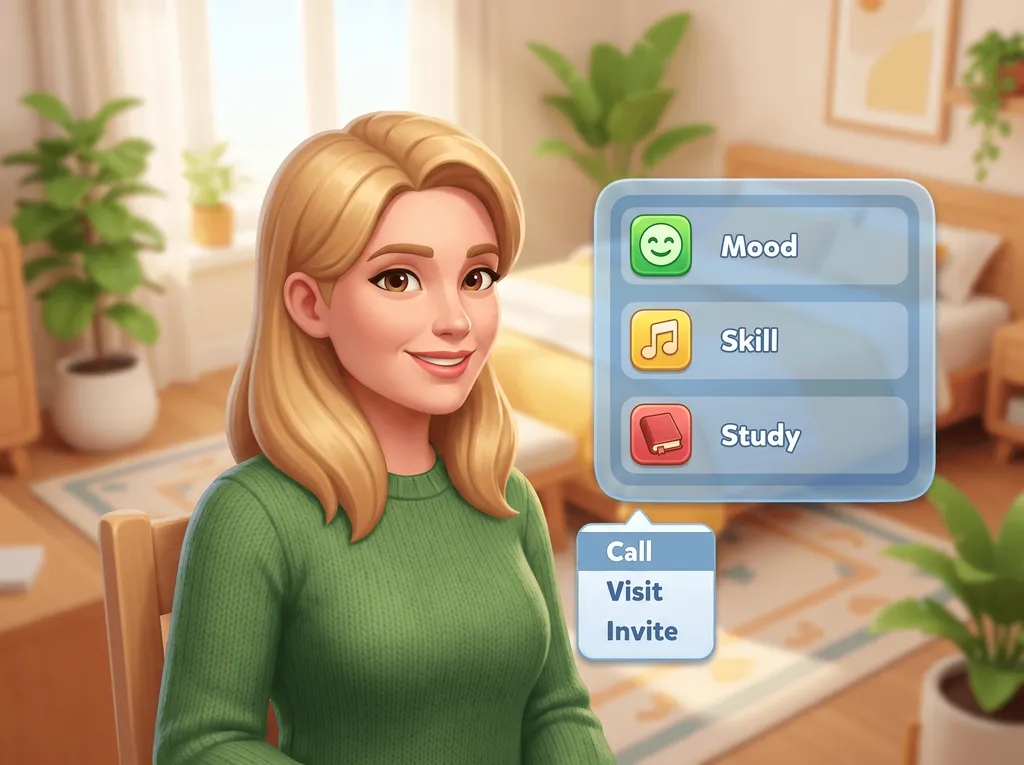 Illustration of a smiling Sim beside a panel of three trait rows with mood, skill and study icons