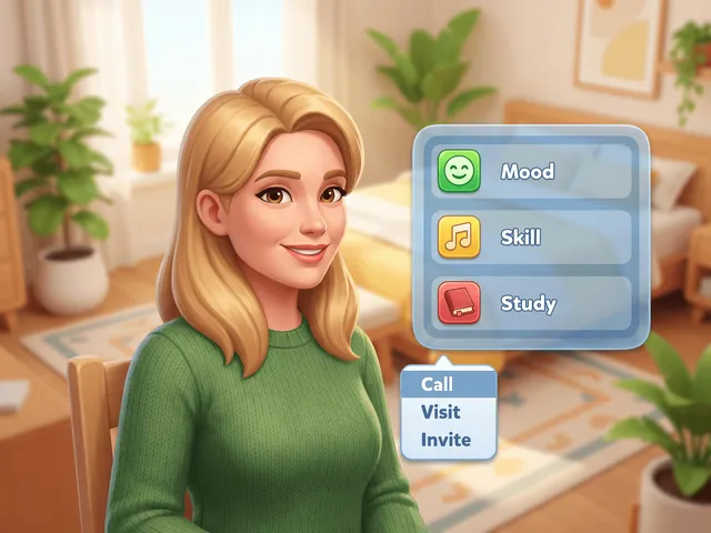 A smiling Sim beside a panel of three trait rows with mood, skill and study icons