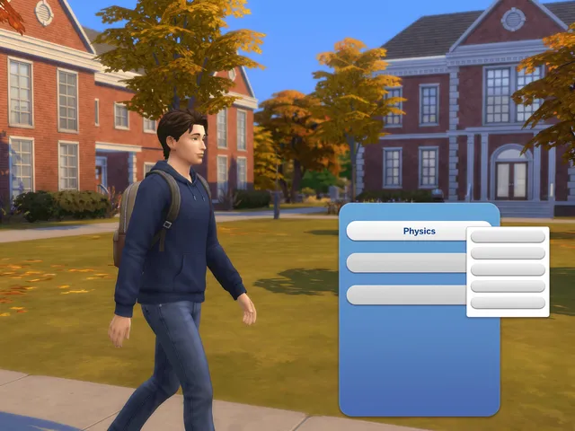 A student Sim with a backpack crossing a sunny campus quad beside a degree panel row reading Physics