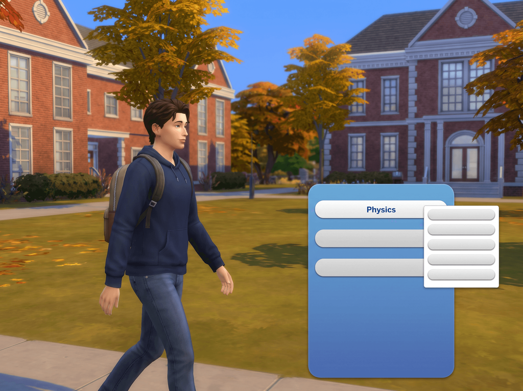 A student Sim with a backpack crossing a sunny campus quad beside a degree panel row reading Physics