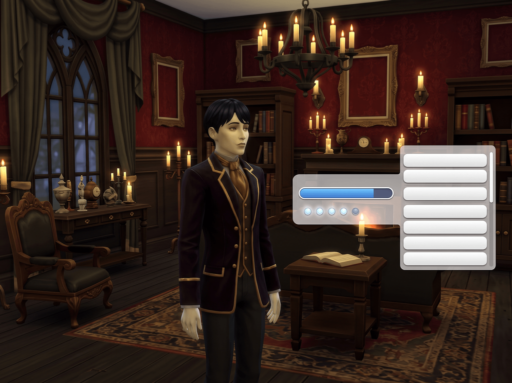 A pale, well-dressed Sim in a candlelit gothic drawing room beside a rank bar with four of five pips lit