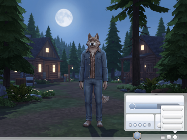 A wolf-like Sim standing in a moonlit pine clearing beside a rank bar with four of five pips lit