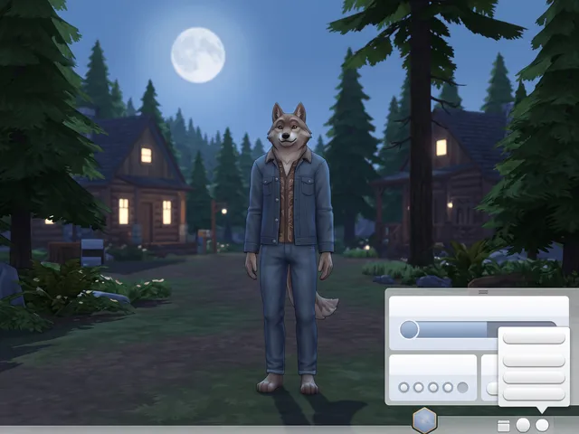 A wolf-like Sim standing in a moonlit pine clearing beside a rank bar with four of five pips lit