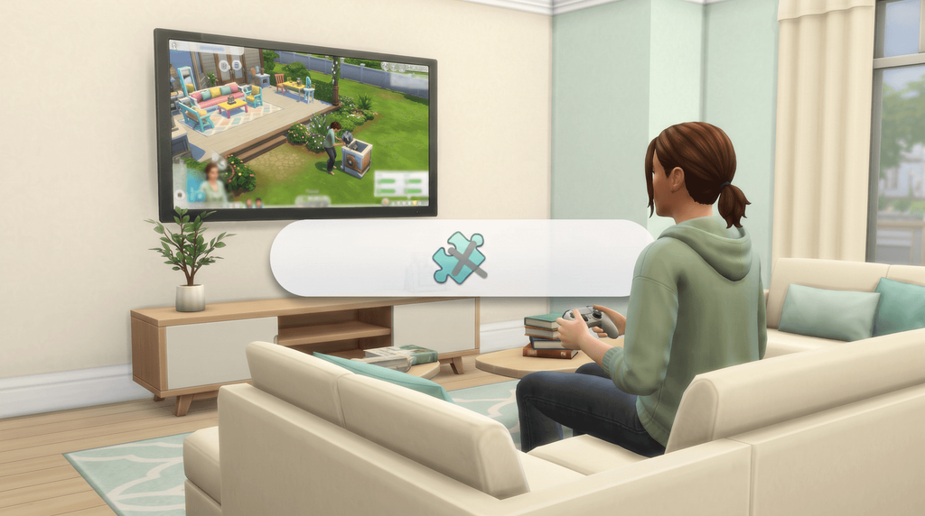 A player on a sofa in front of a television, with a banner showing that script mods are not available on console.