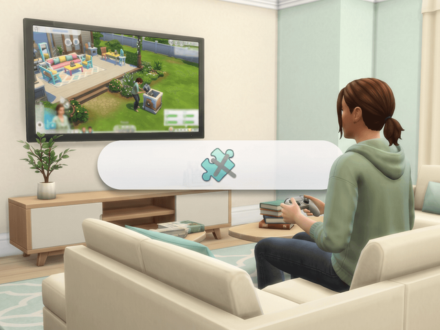 A player on a sofa in front of a television, with a banner showing that script mods are not available on console