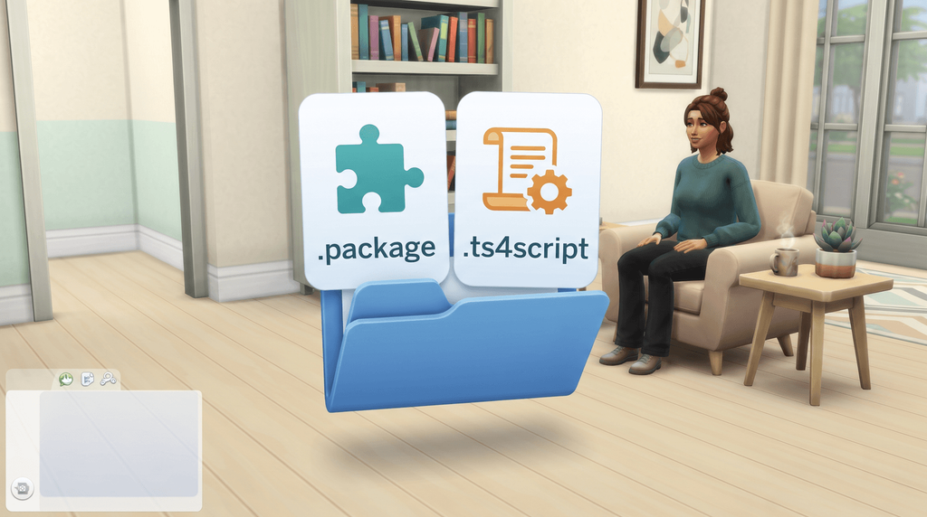 Two cards showing what is inside the zip: a package file and a ts4script file.