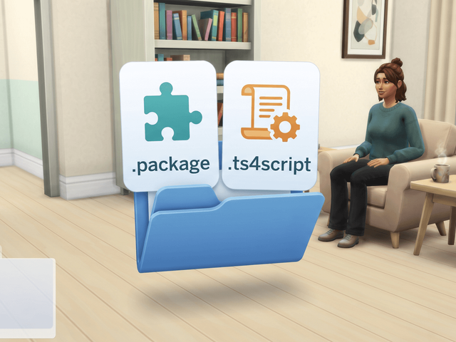 Two cards showing what is inside the zip: a package file and a ts4script file