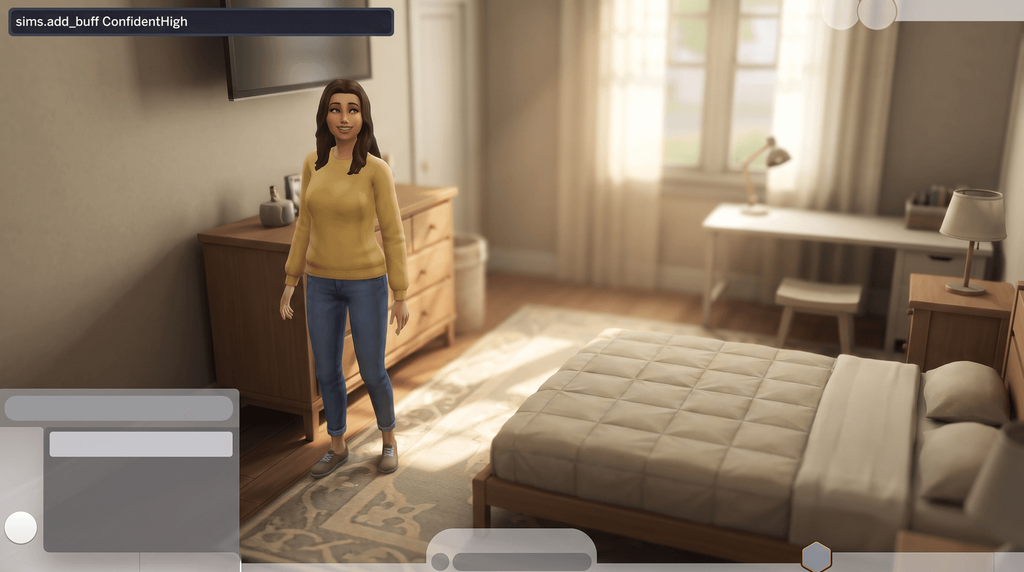 The cheat bar open over a bedroom with sims.add_buff ConfidentHigh typed into it
