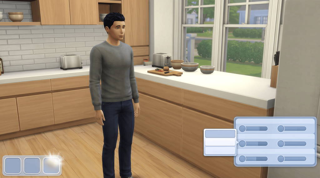 A calm Sim in a kitchen beside an empty moodlet tray of three blank slots, one fading as it clears