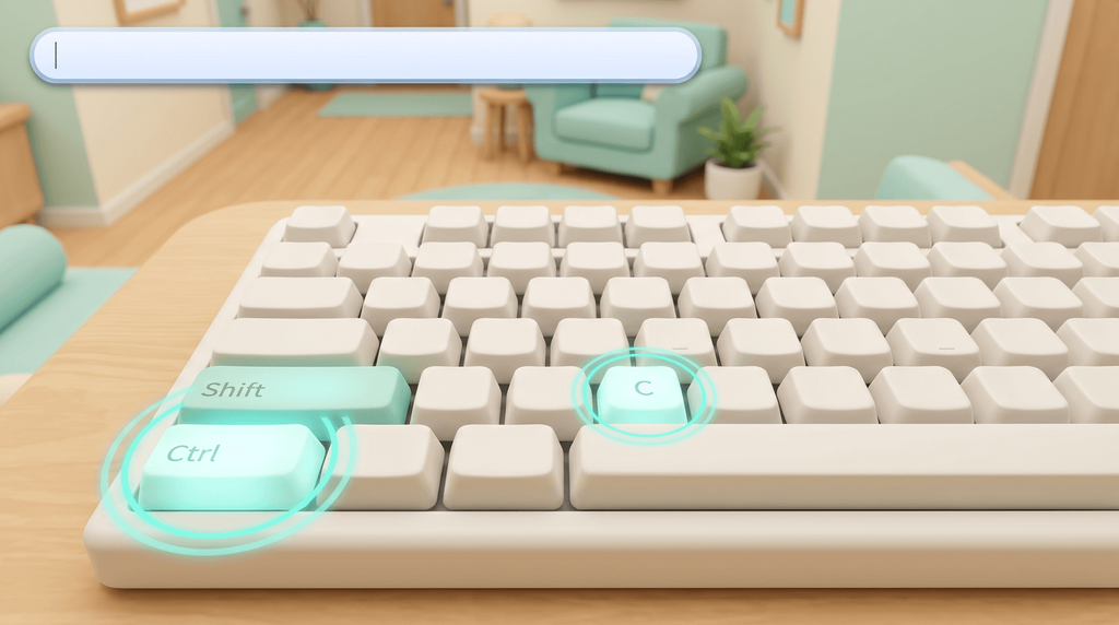 A keyboard with the Ctrl, Shift and C keys lit up, and the cheat console bar open at the top of the screen.