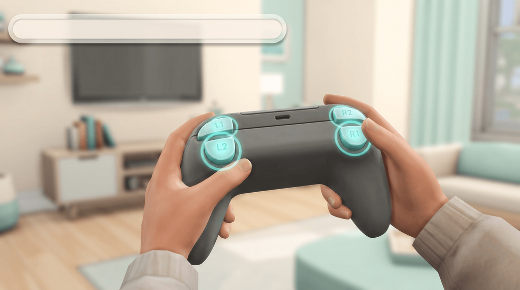 A PlayStation-style controller with all four shoulder buttons lit up, and the cheat console bar open at the top of the screen.