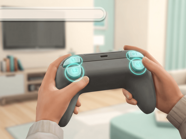 A PlayStation-style controller with all four shoulder buttons lit up, and the cheat console bar open at the top of the screen