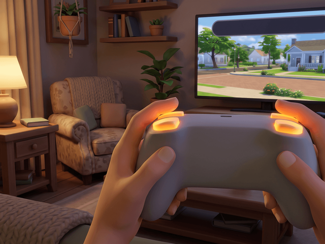 An Xbox-style controller held in front of a television, all four shoulder and trigger buttons lit and the cheat bar open